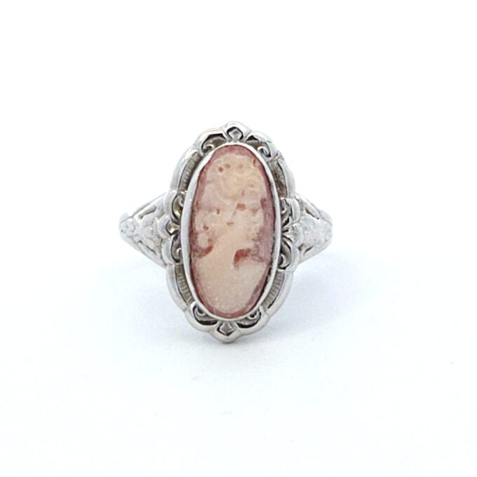 Pre-Owned Cameo Ring with Scalloped Edge Floral Design in 14K White Gold