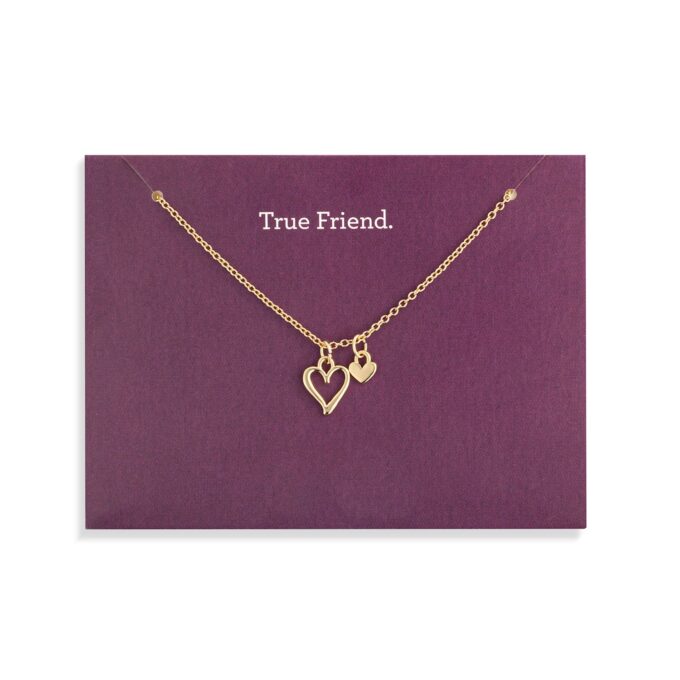 Yellow Gold Plated "True Friend" Double Heart Pendant Necklace, 18"