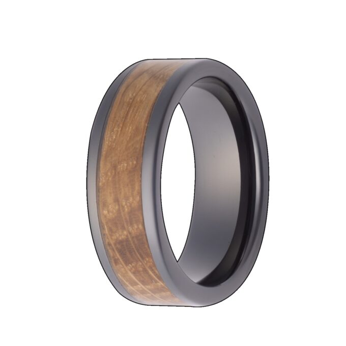 Men's 8mm Black Ceramic Wedding Band with Whiskey Wood Inlay