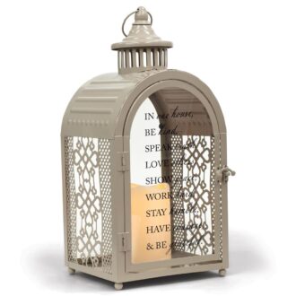 Charming Tan Metal Lantern with "In Our House" Inscription and Candle