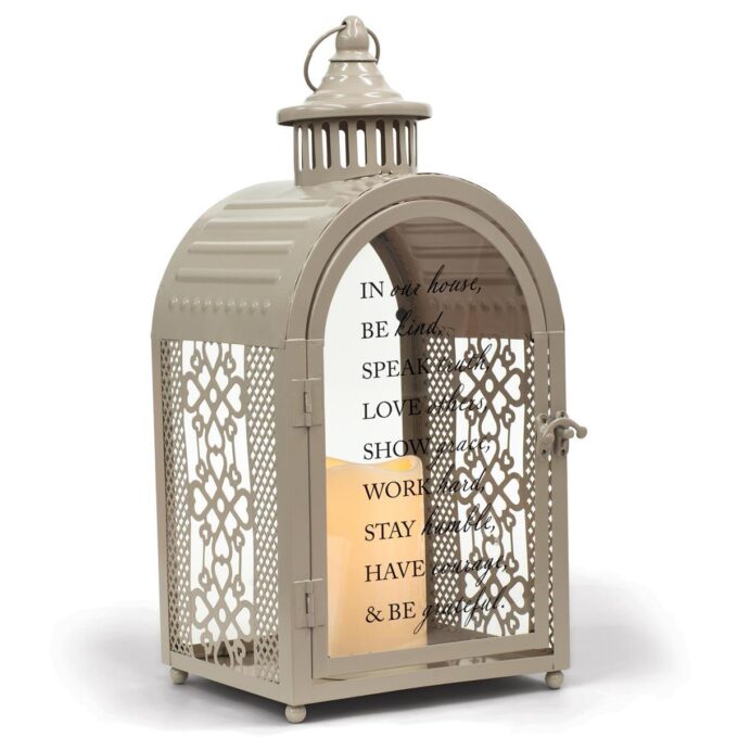 Charming Tan Metal Lantern with "In Our House" Inscription and Candle