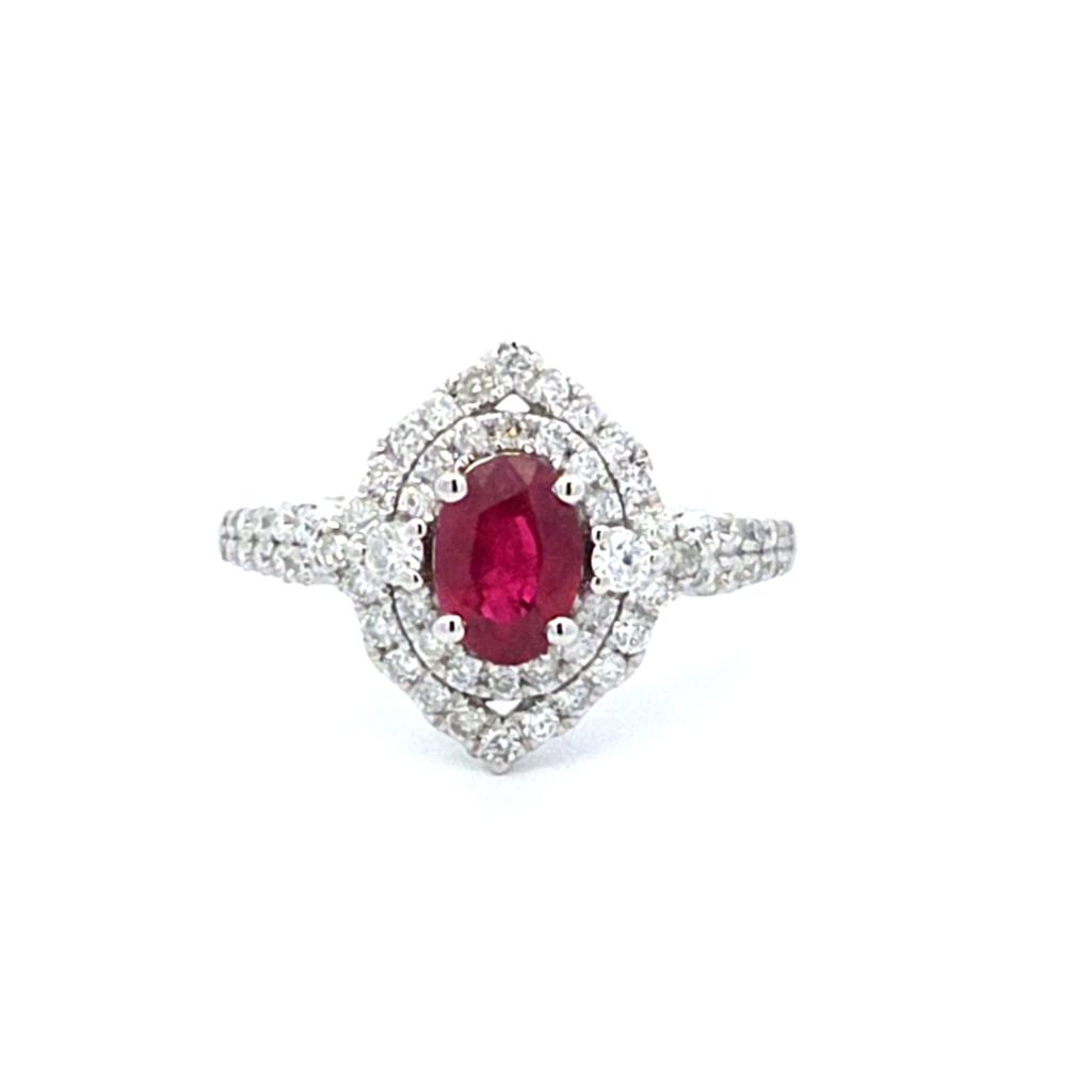 Stunning Double Halo Fashion Ring with 0.56 CTW Round Diamonds and Oval Ruby in 14k White Gold
