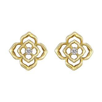 14k Yellow Gold Open Flower Stud Earrings with .01ctw Diamonds