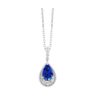 Elegant Milgrain Edge Drop Pendant with .15ctw Pear Shaped Sapphire in 14k White Gold