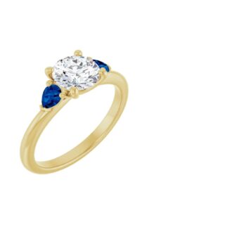 14K Yellow Gold Three Stone Semi Mount Engagement Ring with Pear Blue Sapphire Side Stones