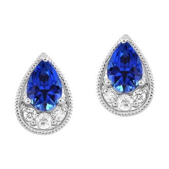 Milgrain Edge Stud Earrings with 2 Prong Sapphires and .10ctw Diamonds in 14k White Gold