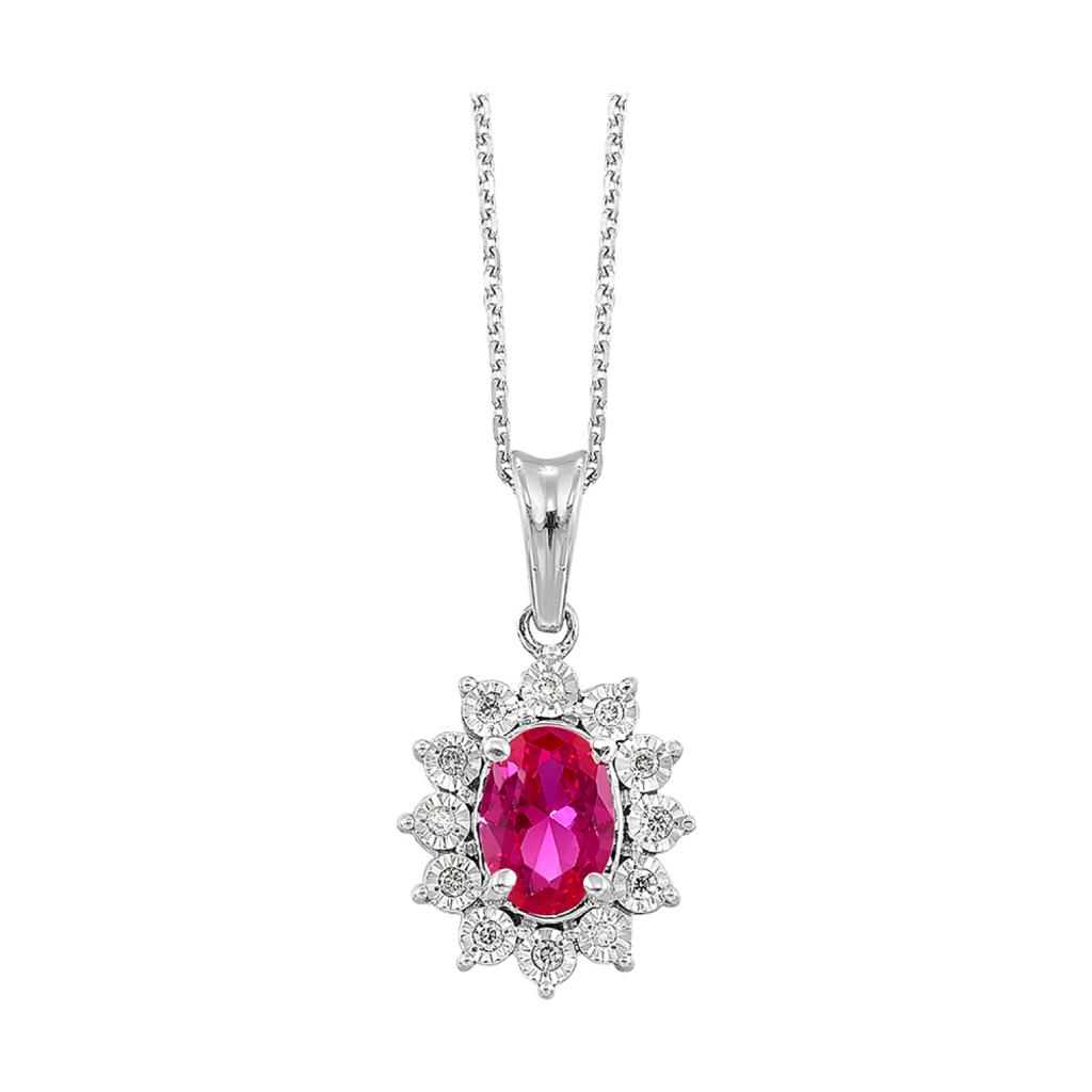 Oval Ruby and Diamond Halo Drop Necklace in Sterling Silver
