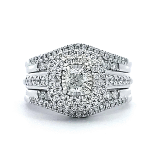 Pre-Owned 14KW Halo Bridal Set with 0.30ct Cushion Cut Center and 0.44ctw Jacket Ring