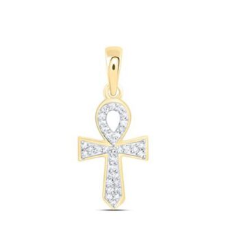 10K Yellow Gold Ankh Cross Diamond Pendant Necklace 1/10ctw