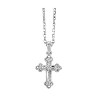 Milgrain Flared End Cross Pendant with .04ctw Round Diamonds in Silver