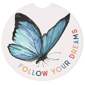 This charming ceramic car coaster features a whimsical butterfly design with the uplifting phrase "Follow Your Dreams". It’s the perfect accessory to add a personal touch to your vehicle while keeping your cup holders clean and stylish. A thoughtful gift for dreamers and nature lovers alike!