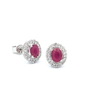 Halo Stud Earrings Featuring 0.20ctw Round Diamonds and Oval Ruby in 14k White Gold