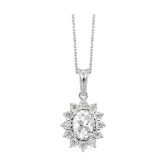 White Topaz Oval Halo Drop Pendant with 1/20ctw Round Diamonds in Sterling Silver