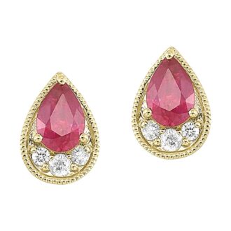 14KY Milgrain Edge Stud Earrings with Ruby and .10ctw Diamonds