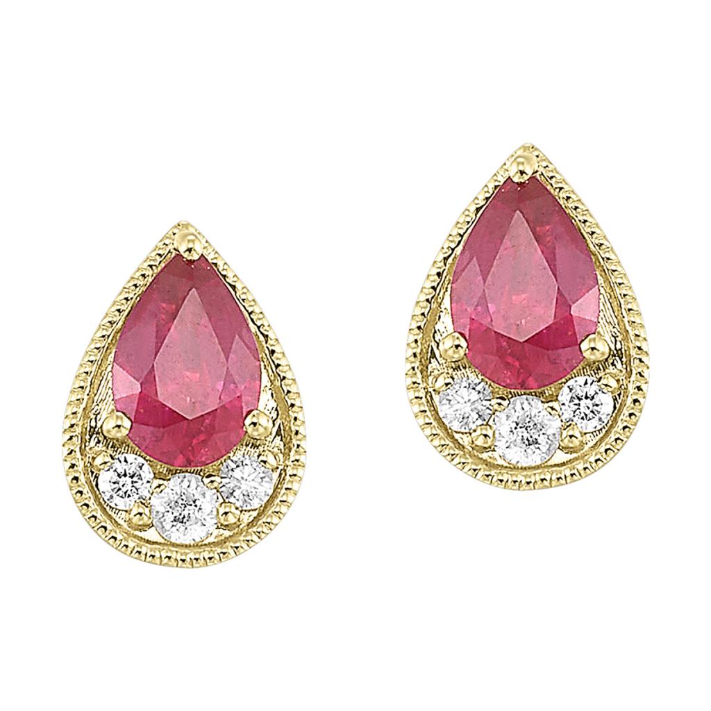 14KY Milgrain Edge Stud Earrings with Ruby and .10ctw Diamonds