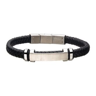 Inox Black Leather with Stainless Steel Beads & Engravable ID Bracelet