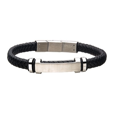Inox Black Leather with Stainless Steel Beads & Engravable ID Bracelet