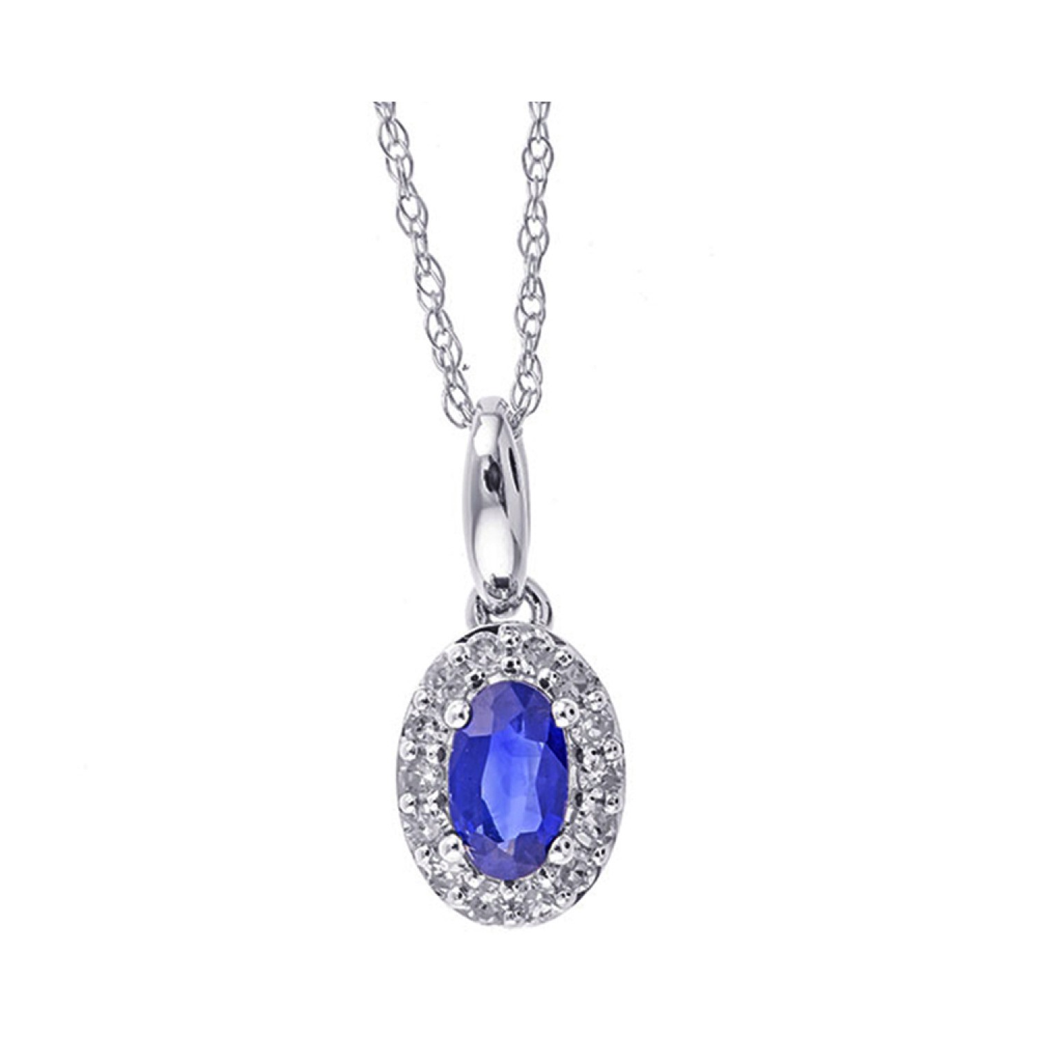 Halo Fashion Necklace with Sapphire and .12ctw Round Diamonds in 10k White gold