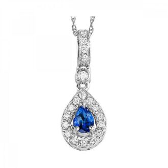 Halo Drop Necklace with .10ctw Round Diamonds and Pear Sapphire in 14k White Gold