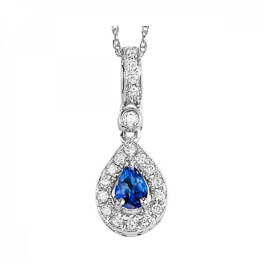 Halo Drop Necklace with .10ctw Round Diamonds and Pear Sapphire in 14k White Gold