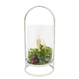16" White Metal & Glass Lantern, 3 LED Candles, Greenery