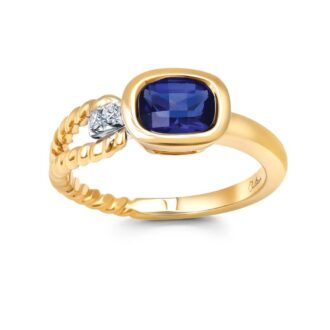 14k Two-Tone 7x5 Lab-Grown Blue Sapphire Ring & Lab Diamonds
