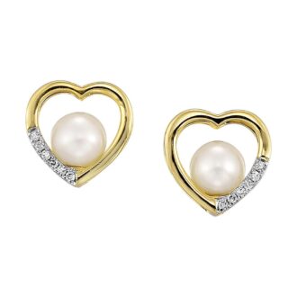 14k Yellow Gold Heart Stud Earrings with Pearl Center and .05ctw Diamonds