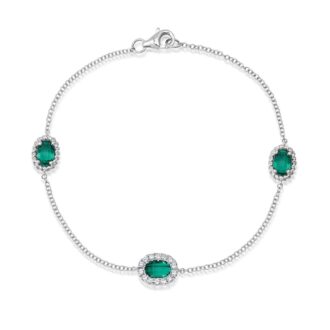 14k White Gold Emerald Station Bracelet with .33ctw Diamonds