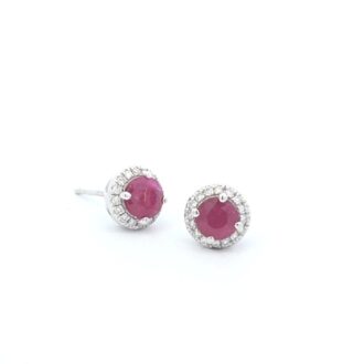 Ruby and Diamond Halo Stud Earrings in 14k White Gold with .16ctw