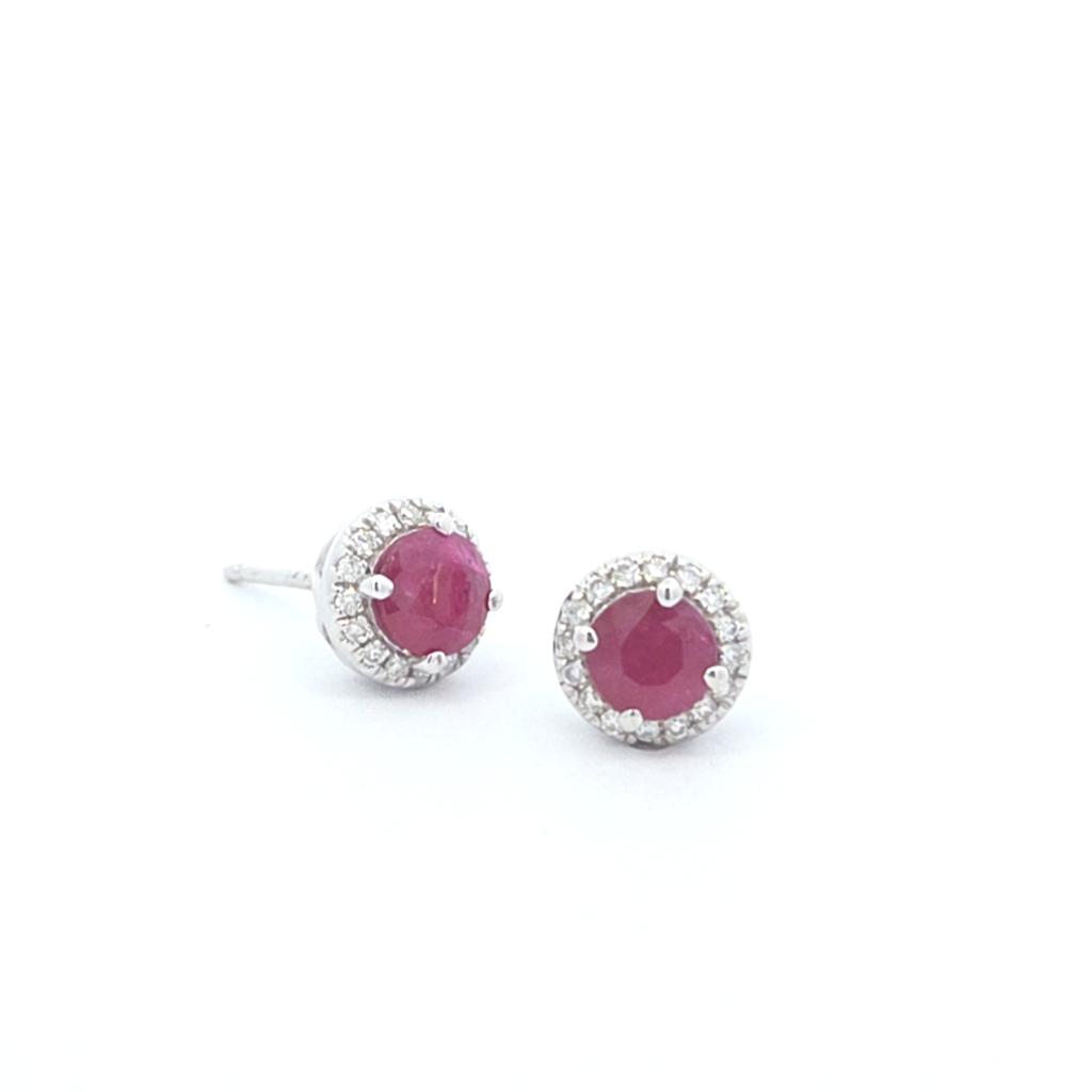 Ruby and Diamond Halo Stud Earrings in 14k White Gold with .16ctw