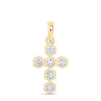 10K Yellow Gold Hexagon Cross Diamond Necklace 1/6 CTW