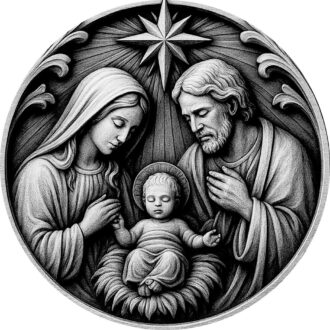 Wooden Holy Family Engagement Ornament Featuring Mary on Left