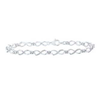 Experience timeless elegance with this captivating sterling silver bracelet, boasting a sequence of endless infinity links. Embellished with 10 round diamonds totaling 0.03 carat weight, this piece amazingly combines romance with subtle sophistication. The clean finish and sparkling details mesmerously symbolise everlasting love, making it a perfect gift for your beloved.