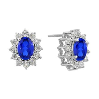 Sterling Silver Created Sapphire Halo 1/10ctw Diamond Studs