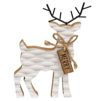 6.75" Woodland White Basketweave Deer with Merry Tag