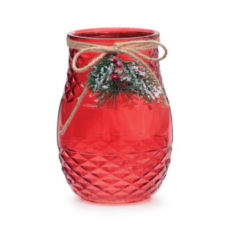 Large Red Glass Vase with Bow & LED 5-Hour Timer Candle