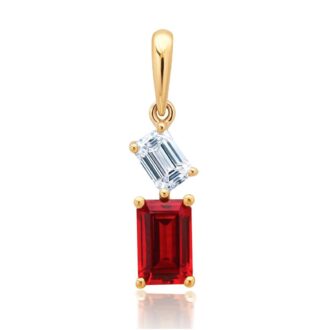 Emerald-Cut Lab Ruby & .25ctw Lab Diamonds Necklace 14k Gold