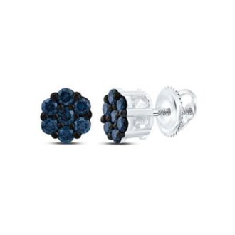 Blue Diamond Flower Stud Earrings, .20ctw 10k White Gold