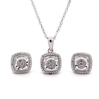 Pre-Owned Sterling Silver Square Beaded Halo Pendant and Earrings Set with 0.16 CTW Diamonds