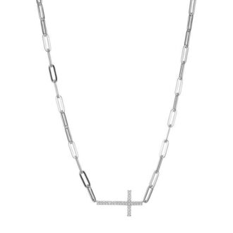 Elle Paperclip Cross Necklace with Cubic Zirconia in Sterling Silver 17" Length