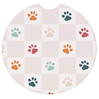 Checkered Paw Print Ceramic Car Coaster