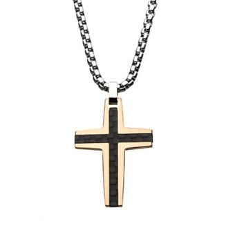 Stylish men's cross pendant in black and rose gold, featuring carbon fiber inlay and steel chain.