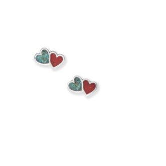 Turquoise-Coral Chip Double Heart Studs in Sterling Silver