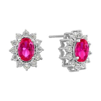 Sterling Silver Oval Created Ruby & Diamond Halo Studs