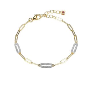 Elegant sterling silver and yellow gold plated oval link bracelet with cubic zirconia stones, measuring 6.5 inches with extension.