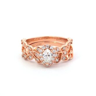 14K Rose Gold Pear Halo Milgrain Twist Bridal Set, 3/4ctw