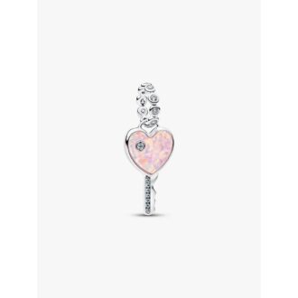 Pandora Pink Opal Heart Key Dangle Charm in Silver with CZ