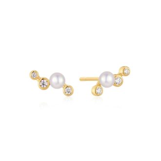 Ania Haie Yellow Gold-Plated CZ Zigzag Pearl Stud Earrings