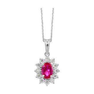 Oval Ruby and Diamond Halo Drop Necklace in Sterling Silver