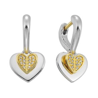 Pave Double Heart Dangle Earrings .06ctw, 10k Gold & Silver